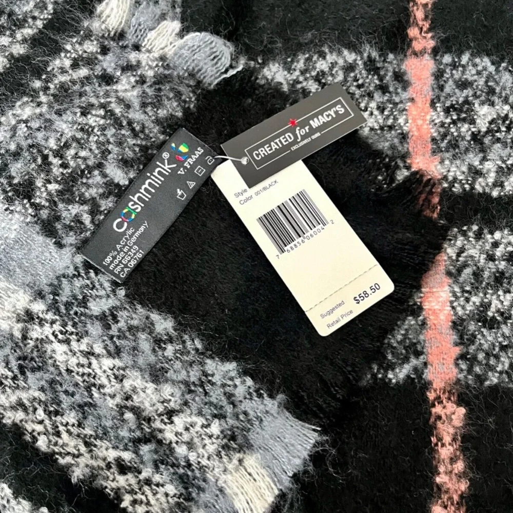 (NWT) Cashmink by V. Fraas Women's Bouclé Black Plaid Wrap Scarf